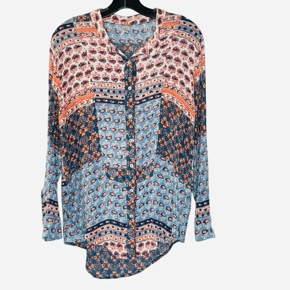 Free People Caravan Patchwork Printed Button Down size XS. Blue and Orange